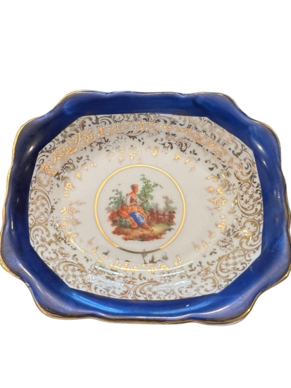 Vintage Paden City Pottery 22kt Gold Trinket Dish Cobalt Blue 4.5”x5.5” Cottage